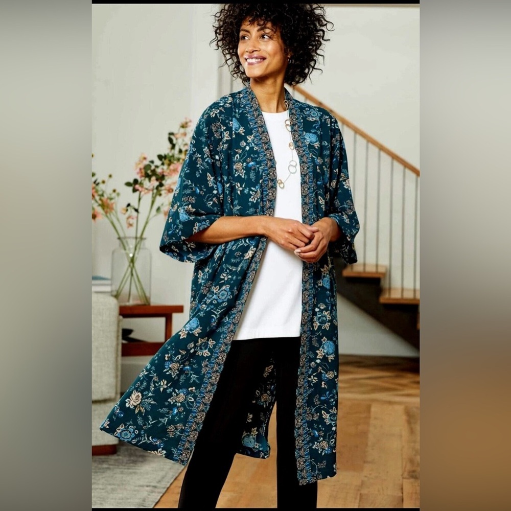 J. Jill Artful Vines Longline Floral Kimono Duster Coverup with Teal Background